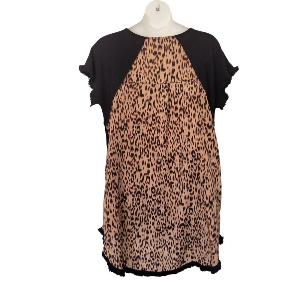 Umgee USA Black Tunic Dress Leopard Print Frayed Hem XL Linen Blend Hi Low - Picture 4 of 7